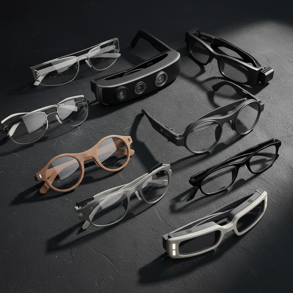A grid showing various smart glasses models from different brands.
