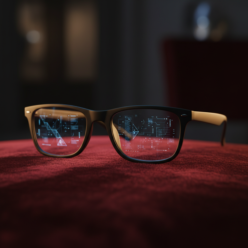 Futuristic Ray-Ban Meta glasses with an abstract AI interface overlay