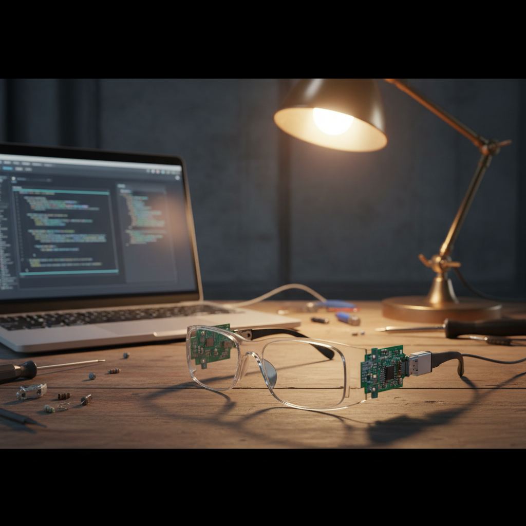 Mentra developer smart glasses on a workbench