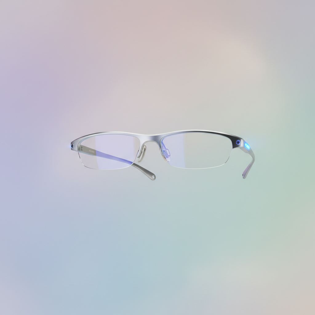 Abstract illustration of futuristic AR glasses with a glowing Apple logo