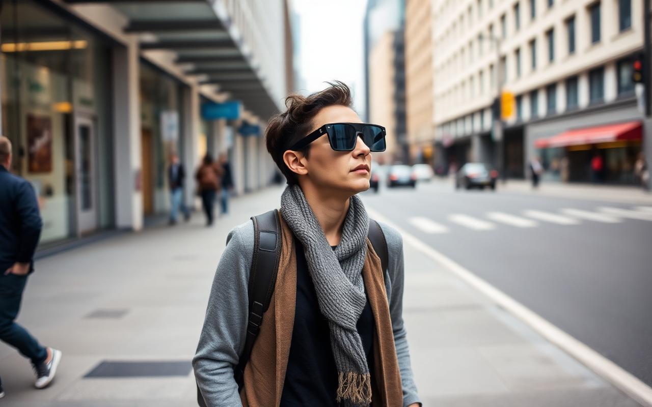 Person wearing AI smart glasses on a city street